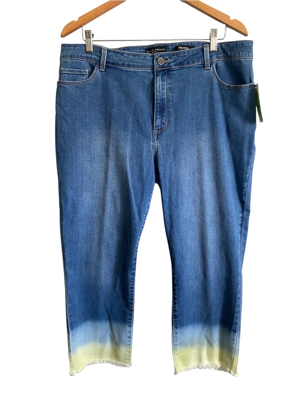 Susan Graver Women’s Cropped Jean Size 18 WP Blue Yellow Dip Dye Bleached NWT